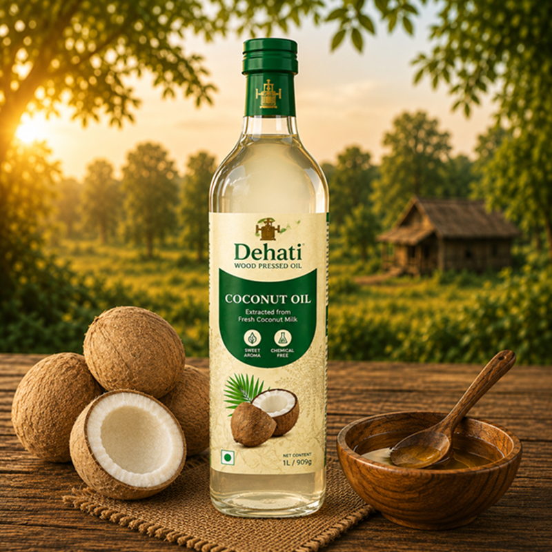 Dehati Wood Pressed Coconut Oil | 100% Pure & Natural | Traditional Wood Pressed Oil by Neem wood kolhu