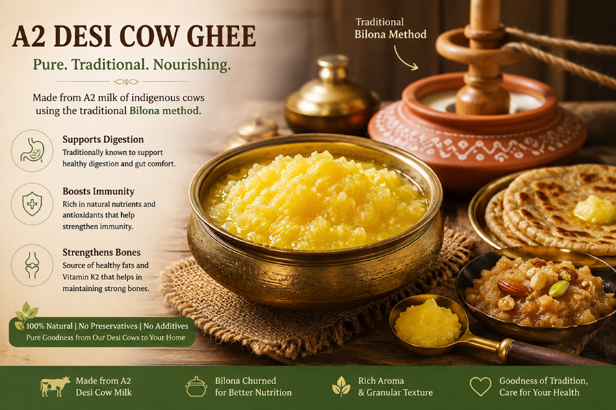 A2 Desi Cow Ghee – Benefits, Traditional Bilona Method, Ayurvedic Importance & Scientific Perspective